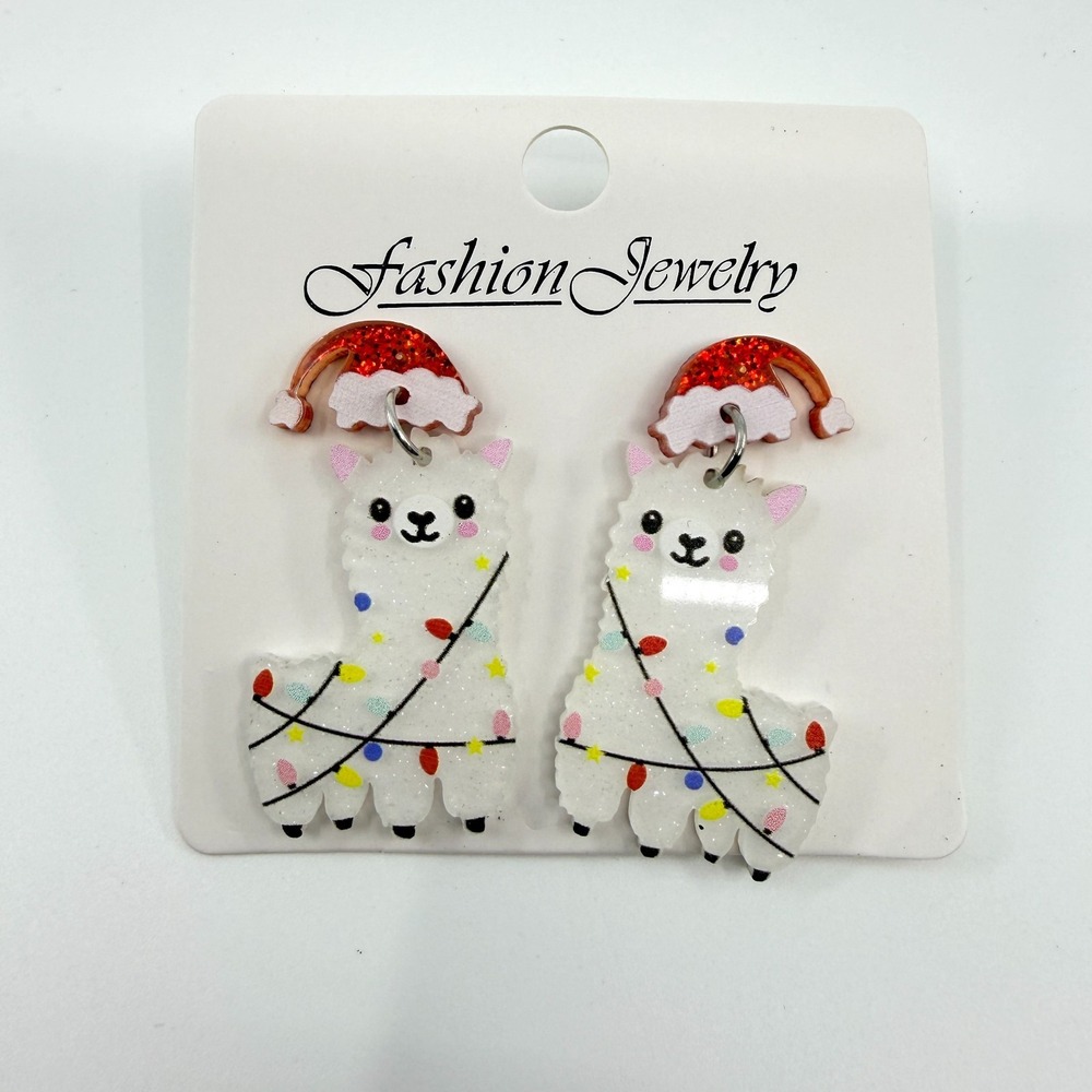 Christmas Llama Dangle Earrings Glitter Holiday Statement Jewelry Gift Y2K